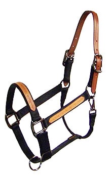 1″ LEATHER OVERLAY ADJUSTABLE NYLON HALTER WITH LEATHER CROWN, STEEL GRAY HARDWARE, halter, leather, overlay, nylon, Triple E Manufacturing