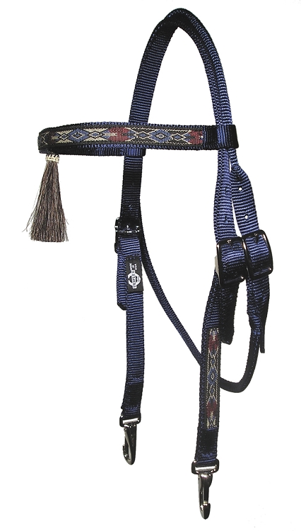 Brow Band Headstall with Horsehair Tassel, Overlay & Snap Ends