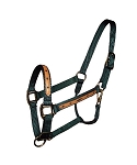 1″ LEATHER OVERLAY ADJUSTABLE NYLON HALTER WITH SNAP, BRONZE HARDWARE, leather, overlay, adjustable, nylon, halter, Triple E Manufacturing