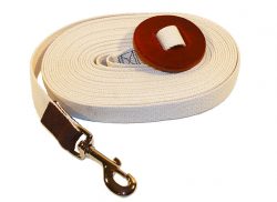 30′ COTTON WEB LUNGE LINE WITH BRASS PLATE BOLT SNAP & LEATHER HAND HOLD, cotton, web, lunge, line, leather, hand, hold, Triple E Manufacturing